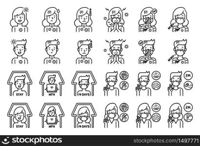 Man and woman with symptoms of Covid-19 and health care line icon set.