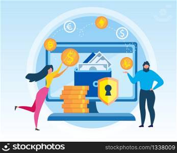 Man and Woman with Virtual Wallet. Cryptocurrency Exchange Vector Illustration. Bitcoin Blockchain Technology. Online Transaction Internet Payment. Financial Investment. Electronic Currency Rate. Man Woman Virtual Wallet Cryptocurrency Exchange