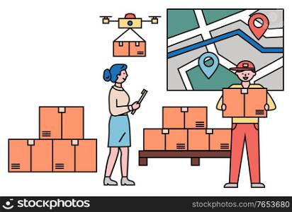 Man and woman work as courier at post office or warehouse. Street map on wall with way between two destination pointers. Shipment boxes, moving parcels using quadcopter. Vector illustration in flat. Woman and Man Work in Warehouse or Post Office