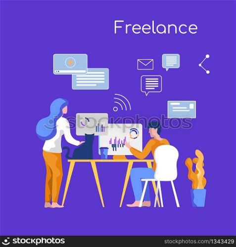 Man and Woman Work home. Freelance. Work Space Apartment. Cat sitting table near Computer. Freelance first step own Business. Job Search Internet. Level Qualification and Knowledge.
