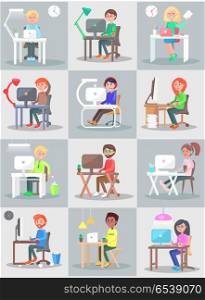 Man and woman work in office at the computer set. Worker at computer concept vector in flat design. Businessman sit at table and working on laptop. Office routine, business in internet, daily tasks. Man and Woman Work in Office at Computer Set.. Man and Woman Work in Office at Computer Set.