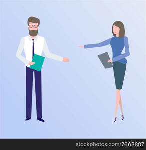 Man and woman workers character, colleagues presentation or seminar, full length and portrait view of employee, people managers, business decoration vector. Employees Man and Woman Character, Work Vector