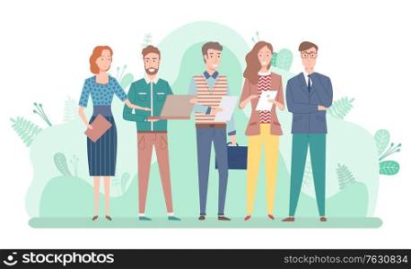 Man and woman workers communication with laptop, partnership collaboration. Employees teamwork, people holding documents and laptop, capital. Vector illustration in flat cartoon style. Workers Collaboration, Attraction Capital Vector