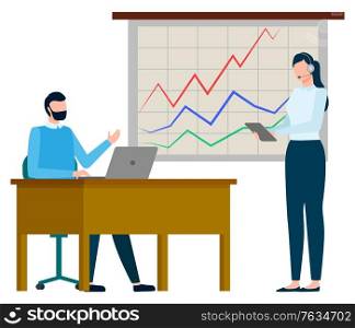 Man and woman workers discussing graph report, international business and growth chart. Employee working with wireless device, presentation icon. Vector illustration in flat cartoon style. Graph Presentation, International Business Vector