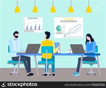 Man and woman workers discussing work, employees using laptop on workplace. Company business idea, growth statistic on graph report, leadership vector. Employee Creative Business Idea, Innovation Vector