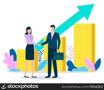 Man and woman workers handshake of business partners. People employees standing near growth chart with rising arrow decorated by foliage symbol. Business teamwork collaboration and meeting vector. Workers Handshake and Business Growth Graph Vector