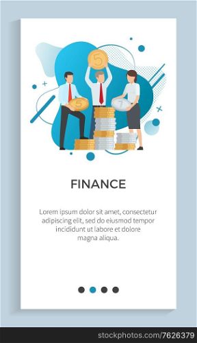 Man and woman workers holding coins, finance teamwork strategy, deposit or invest, employee with money, currency decoration, liquid shape vector. Website or app slider, landing page flat style. Finance Template Webpage, Money or Coins Vector