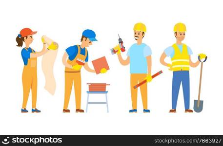 Man and woman workers holding wallpaper, tile and shovel, drill and ruler, renovation teamwork, smiling builders in gloves and helmet, repair vector. Repair Teamwork, Renovation Work, Renewal Vector