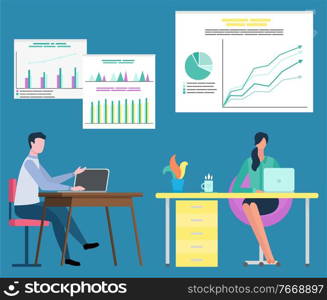 Man and woman workers in office, workers using laptop, board with growth report. Employees characters working with computer, broker collaboration vector. Employees Collaboration, People with Laptop Vector