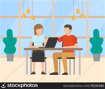 Man and woman workers working with laptop, colleague or assistant character using computer. Business workplace with desktop and pc, workers vector. Flat cartoon. Business Workplace, Workers with Laptop Vector