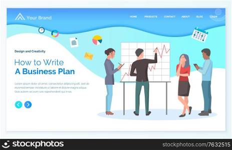 Man and woman workers write, rising graph on board. Employee researching business plan, teamwork strategy, developer technology, corporate vector. App slider template, website or webpage in flat style. Teamwork How to Write Business Plan, Worker Vector