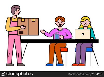 Man and woman working at office. Courier carry simple carton box to deliver to receiver. Shipment and delivery parcels from post to door. Vector illustration of shipping packages in flat style. People Work at Office, Courier Deliver Parcel