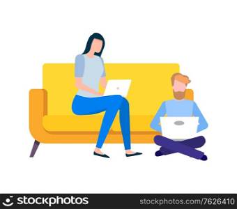 Man and woman working from home vector, team of freelancers with laptops flat style, lady sitting on couch and male on ground, programming and coding. Flat cartoon. Team of Distant Workers with Laptops at Home