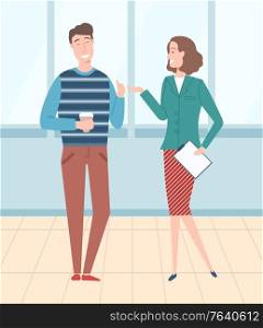 Man and woman working in office, people talking on coffee break. Lady with papers documents and man with cup of tea warm beverage, employee flat style. Boss and Worker, Employee and Employer Vector