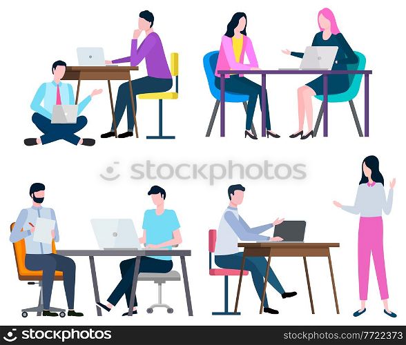 Man and woman working in office vector, isolated set of workers. Boss and employees, developers with laptops and computers with information flat style. People Working in Office Boss and Employees Vector