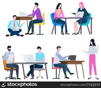 Man and woman working in office vector, isolated set of workers. Boss and employees, developers with laptops and computers with information flat style. People Working in Office Boss and Employees Vector