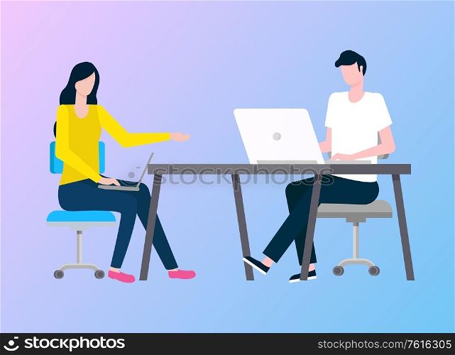 Man and woman working vector, colleagues with laptop and computer programming people, flat style. Person sitting by table with coworker in office. People Working in Office, Laptops and Computer