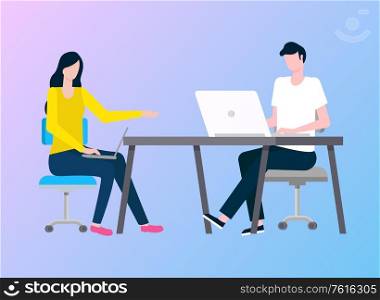 Man and woman working vector, colleagues with laptop and computer programming people, flat style. Person sitting by table with coworker in office. People Working in Office, Laptops and Computer