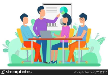 Man and woman working with laptop, discussing diagram report on board. Business collaboration and teamwork strategy, accumulation capital, partners vector. Attraction Capital, Business Collaboration Vector