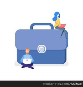Man and woman working with laptop, handbag accessory on white, workers characters using computer, teamwork with wireless device, colleagues vector. People Communication with Laptop, Handbag Vector
