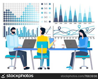 Man and woman working with laptop, wall decorated by graph report with numbers in blue color. Teamwork with computer, people on workplace, device vector. Employees Working Laptop, Graph Report Vector