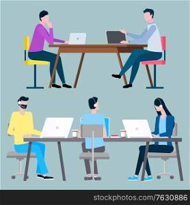 Man and woman working with laptop, workplace with employee character. Broker cooperation, workers in headset discussing, people brainstorming. Support managers. Vector illustration flat cartoon style. Teamwork in Office, Employee with Laptop Vector