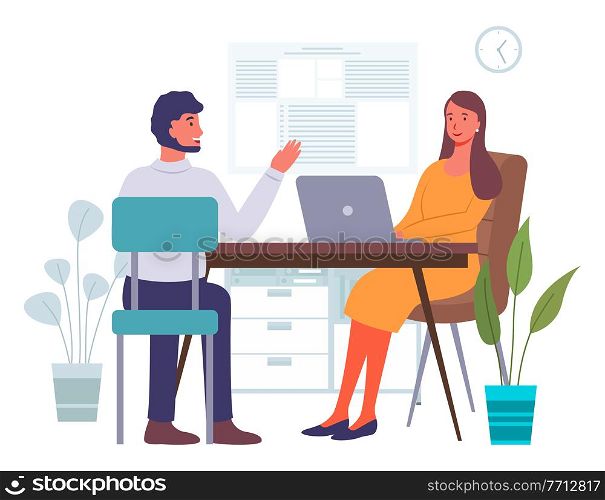 Man and woman works together, colleagues, employees. Business people sit at the table on workplace, works on laptops. Vector flat illustration managers discuss working issues in office space. Man and woman works together, colleagues, employees. Business people sit at the table on workplace
