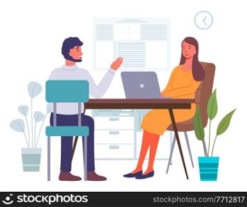 Man and woman works together, colleagues, employees. Business people sit at the table on workplace, works on laptops. Vector flat illustration managers discuss working issues in office space. Man and woman works together, colleagues, employees. Business people sit at the table on workplace