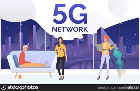 Man and women using laptops and cellphone. Communication, 5G network, digital technology. Internet concept. Vector illustration can be used for banners, poster design, presentation slide templates