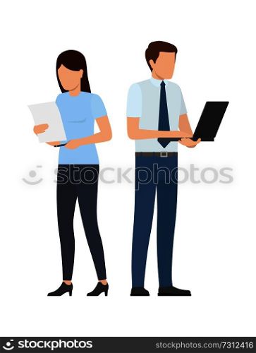 Man and women with paper sheet and notebook at startup project, brainstorming and briefing concepts of teamwork. Management and teamwork concept vector. Man and women Paper Sheet and Notebook at Startup