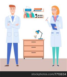 Man and wooman doctors in medical office holding a blank clipboard. Health protection concept. Therapist man and nurse in medical clothes in the hospital holding a patient card or appointment sheet. Man and wooman doctors in medical office holding a blank clipboard. Therapist man and nurse