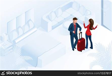 Man Arriving with Luggage in Comfortable Modern Hotel Room Vector Isometric Illustration. Hotel Female Manager Welcome Client in Apartment Concept. Assistant Service Help Guest Tourist. Couple Woman Man Arriving with Luggage in Room