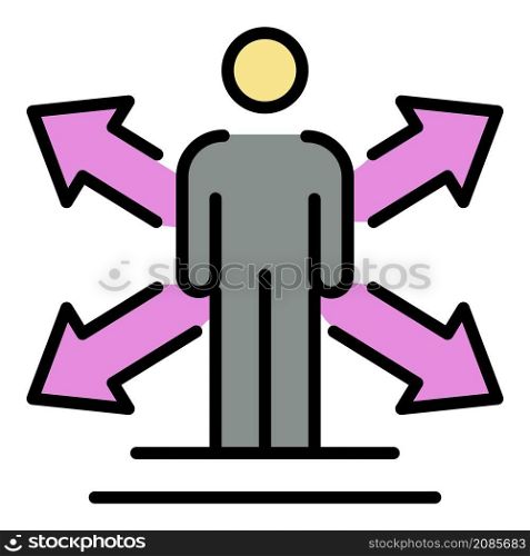 Man arrows to the sides icon. Outline man arrows to the sides vector icon color flat isolated. Man arrows to the sides icon color outline vector