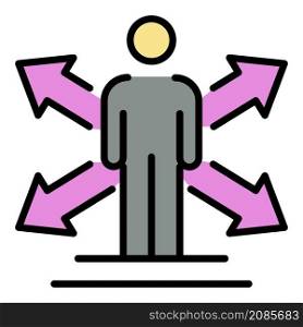Man arrows to the sides icon. Outline man arrows to the sides vector icon color flat isolated. Man arrows to the sides icon color outline vector