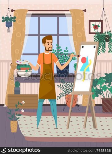 Man artist painting on canvas, human in apron holding palette and paint-brush. Full length view of standing man, drawing hobby at home, house-plant vector. Artist Painting on Canvas, Drawing Hobby Vector