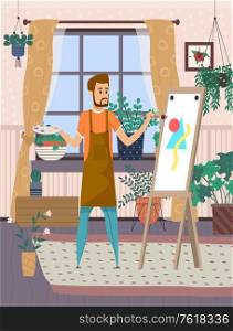 Man artist painting on canvas, human in apron holding palette and paint-brush. Full length view of standing man, drawing hobby at home, house-plant vector. Artist Painting on Canvas, Drawing Hobby Vector