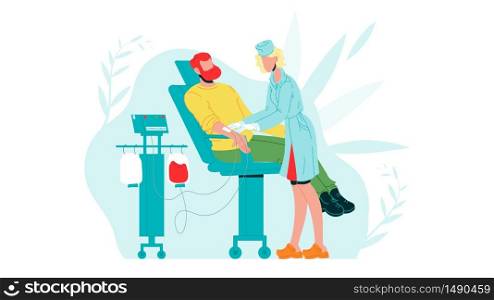 Man As Blood Donor At Donation In Hospital Vector. Character Boy Patient Sitting In Medical Chair And Donating Blood, Woman Doctor Or Nurse Connection Tool For Transfusion. Flat Cartoon Illustration. Man As Blood Donor At Donation In Hospital Vector
