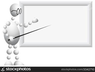 Man as teacher with glasses and pointer. Abstract 3d-human series from balls. Variant of white isolated on white background. A fully editable vector illustration for your design.