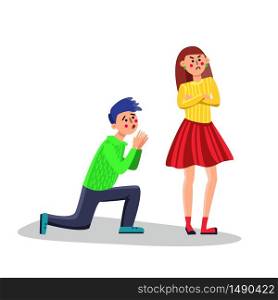 Man Asking For Apology To Girl Vector. Candid Boy Standing On Knee Ask For Apology To Offended Young Woman. Boyfriend And Girlfriend Relationship. Flat Cartoon Illustration. Man Asking For Apology To Girl Character Vector