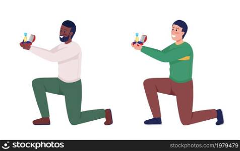 Man asking for marriage semi flat color vector character set. Posing figure. Full body person on white. Sweater weather isolated modern cartoon style illustration for graphic design and animation pack. Man asking for marriage semi flat color vector character set