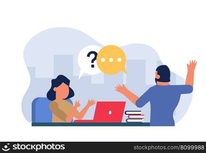 Man at a job interview. A woman sits at a table and asks questions to a man. Business vector illustration with people