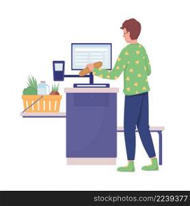 Man at cashless checkout semi flat color vector character. Standing figure. Full body person on white. Supermarket isolated modern cartoon style illustration for graphic design and animation. Man at cashless checkout semi flat color vector character