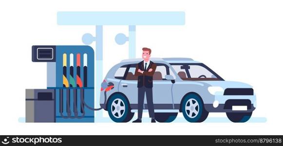 Man at gas station. Happy person refueling car. Automobile refill service. Automotive fossil fuel. Petroleum filling. Diesel pump with nozzle. Diver waiting for auto petrol charging. Vector concept. Man at gas station. Person refueling car. Automobile refill. Automotive fossil fuel. Petroleum filling. Diesel pump with nozzle. Diver waiting for auto petrol charging. Vector concept
