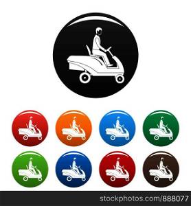 Man at grass machine icons set 9 color vector isolated on white for any design. Man at grass machine icons set color