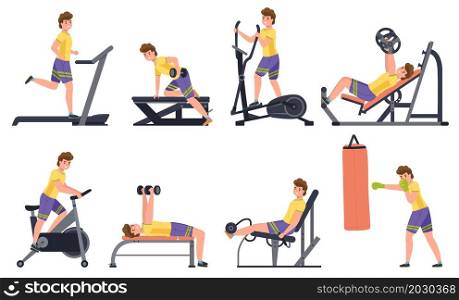 Man at gym. Jock guy engaged sports simulators. Isolated sportsman doing bodybuilding and fitness exercises. Healthy active lifestyle. Muscle training. Vector athletic male character activities set. Man at gym. Jock guy engaged sports simulators. Isolated sportsman doing bodybuilding and fitness exercises. Healthy lifestyle. Muscle training. Vector male character activities set