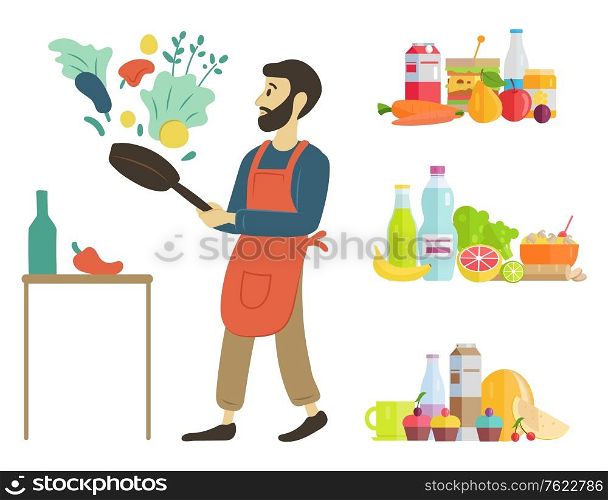 Man at home cooking dishes vector, hobby of person food and ingredients. Water and watermelon juice and meal parsley and paprika, vegetables fruits. Male preparing dinner from veggies with help of pan. Person Cooking at Home, Set of Dishes Food Hobby