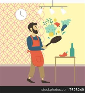 Man at home cooking lunch vector, male preparing dinner from veggies with help of pan. Preparation from vegetables, paprika and salad leaves parsley. Father day. Hasbant cook on kichen. Flat cartoon. Man Cooking Dinner at Home, Hobby of Male Person