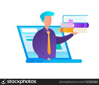 Man at Laptop Screen Holding Heap of Books on Hand Isolated on White Background. Teacher and Online Courses. E-Learning, Training, Gaining Knowledge, Flat Vector Illustration, Icon, Clip art.. Man at Laptop Screen Holding Heap of Books on Hand