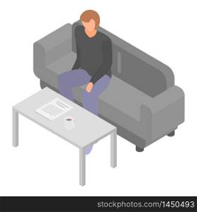 Man at office sofa icon. Isometric of man at office sofa vector icon for web design isolated on white background. Man at office sofa icon, isometric style