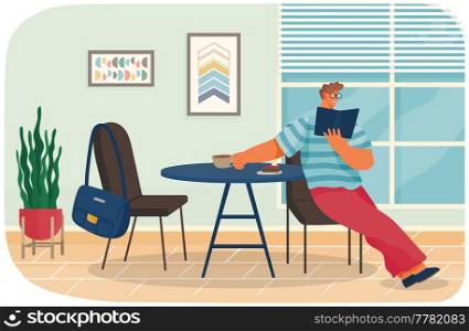 Man at table in cafe is reading book and drinking. Male character in cafeteria or office canteen has coffee break. Worker or student lunch time with hot beverage and textbook in coffee shop. Man in cafeteria or office canteen has coffee break. Worker or student lunch time with book